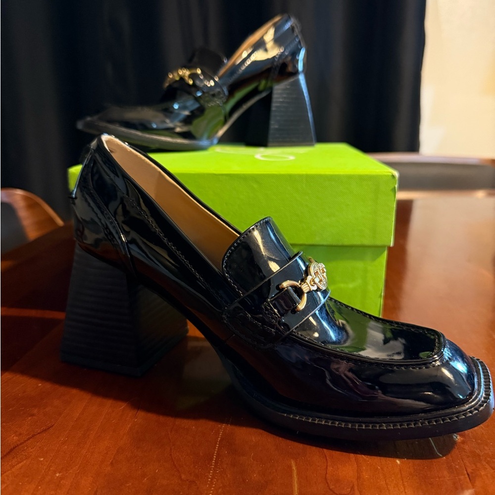 Sam Edelman Quincy Black Patent Leather Block Heel Loafer Size 8 Y2K